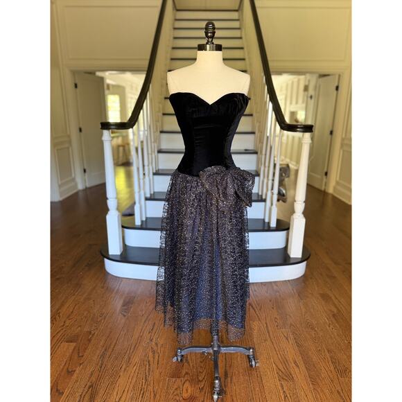 Vintage 80s Glitter Lace Prom Black Dress Velvet WhimsyGoth Celestial Punk Alt - Picture 5 of 13